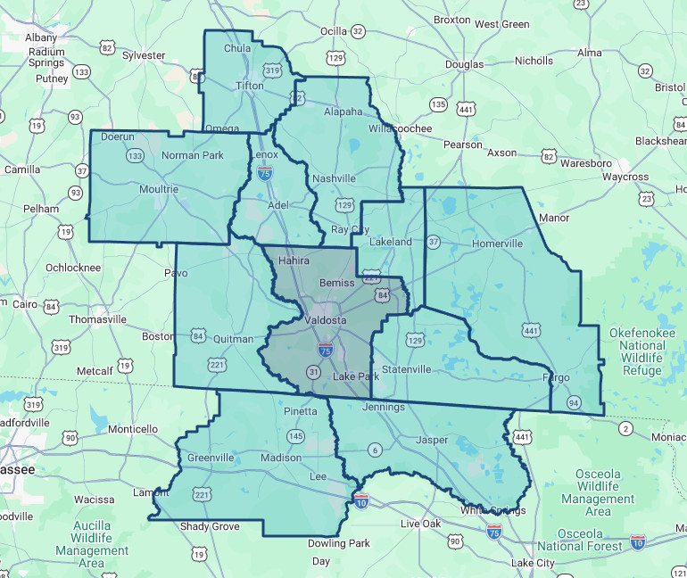 The 11-county Valdosta-Lowndes laborshed study area.